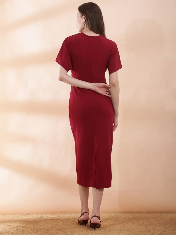 Globus Women Maroon Round Neck Extended Sleeves Back Slit Midi Bodycon Work Wear Dress