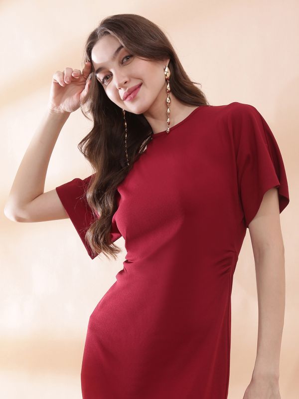 Globus Women Maroon Round Neck Extended Sleeves Back Slit Midi Bodycon Work Wear Dress