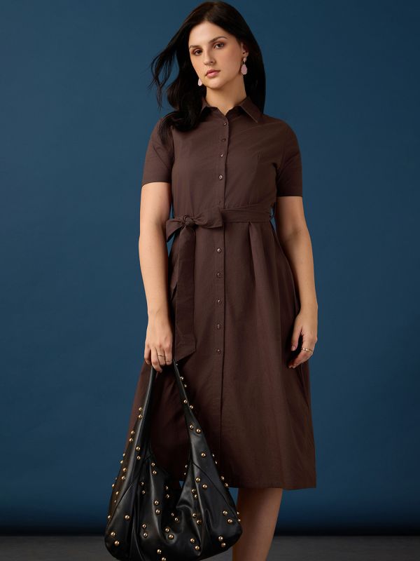 Globus Women Brown Collared Neck Short Sleeves Shirt Style A-Line Knee Length Workwear Dress With Belt