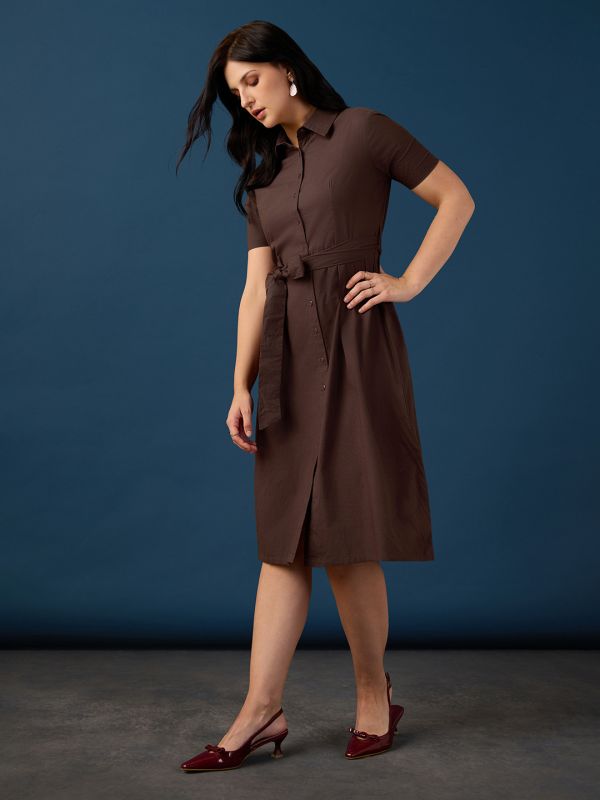 Globus Women Brown Collared Neck Short Sleeves Shirt Style A-Line Knee Length Workwear Dress With Belt