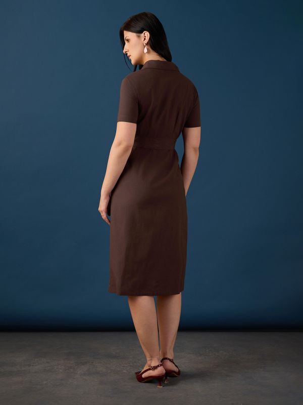 Globus Women Brown Collared Neck Short Sleeves Shirt Style A-Line Knee Length Workwear Dress With Belt