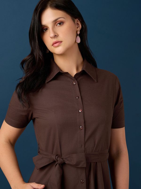 Globus Women Brown Collared Neck Short Sleeves Shirt Style A-Line Knee Length Workwear Dress With Belt
