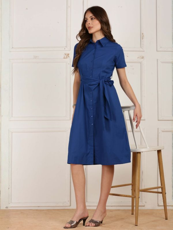 Globus Women Blue Collared Short Sleeves Solid Belted Formal A-Line Midi Dress