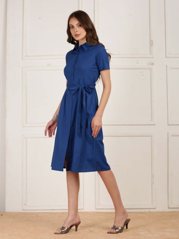Globus Women Blue Collared Short Sleeves Solid Belted Formal A-Line Midi Dress