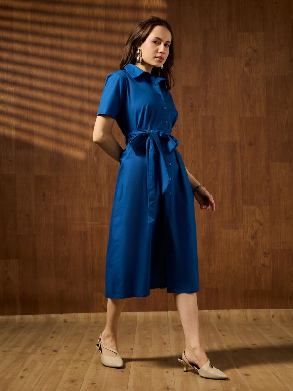 Globus Women Blue Collared Short Sleeves Solid Belted Formal A-Line Midi Dress