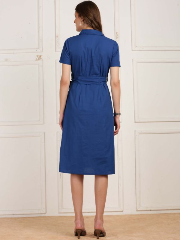 Globus Women Blue Collared Short Sleeves Solid Belted Formal A-Line Midi Dress