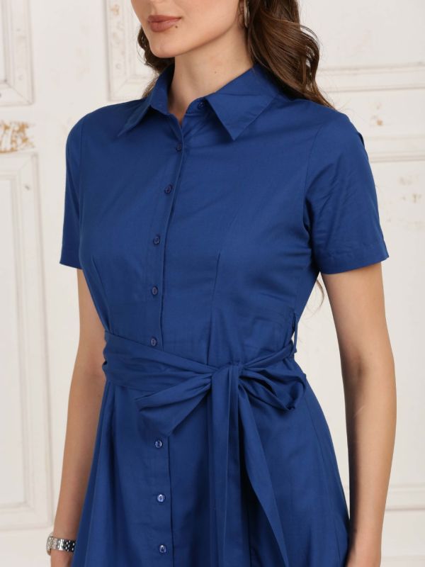 Globus Women Blue Collared Short Sleeves Solid Belted Formal A-Line Midi Dress