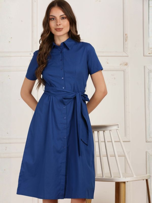Globus Women Blue Collared Short Sleeves Solid Belted Formal A-Line Midi Dress