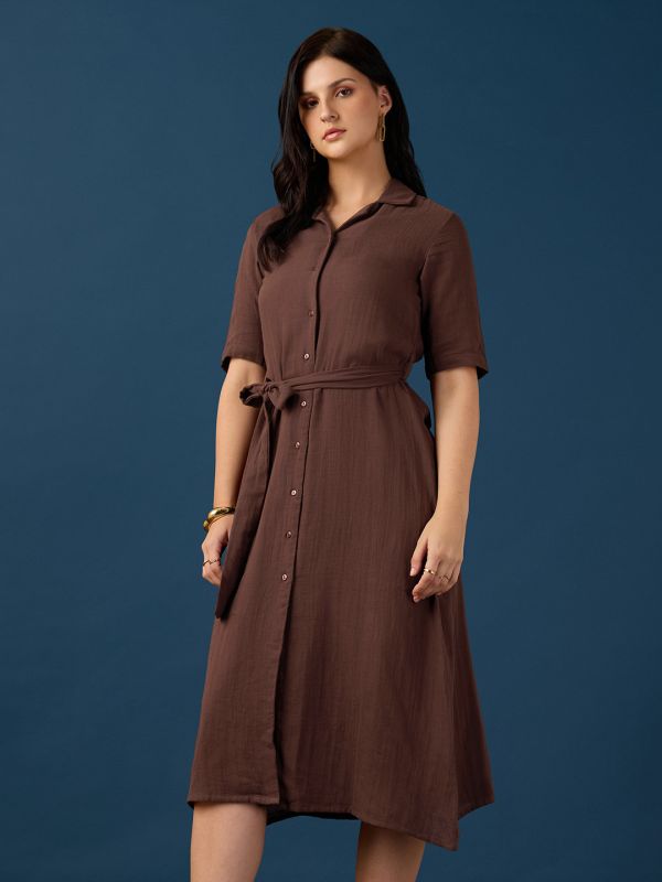 Globus Women Brown Collared Neck Short Sleeves Shirt Style A-Line Midi Workwear Dress With Belt