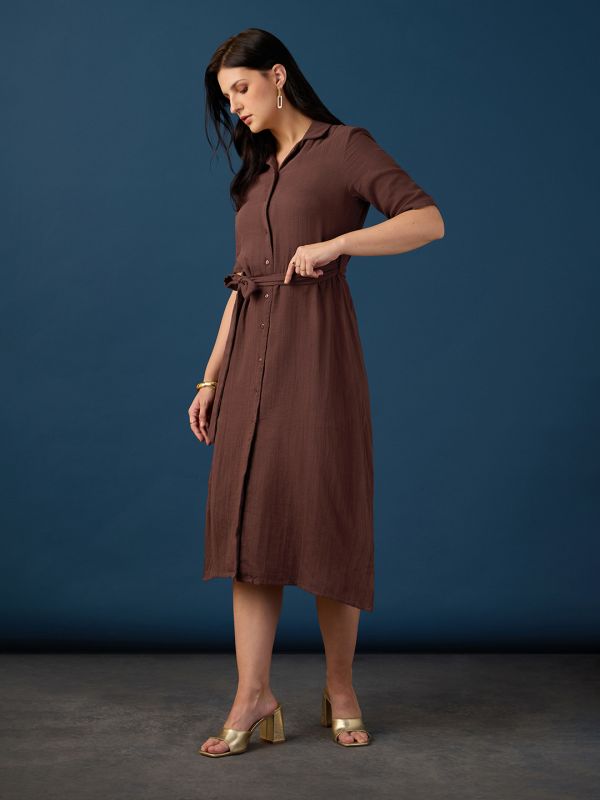 Globus Women Brown Collared Neck Short Sleeves Shirt Style A-Line Midi Workwear Dress With Belt