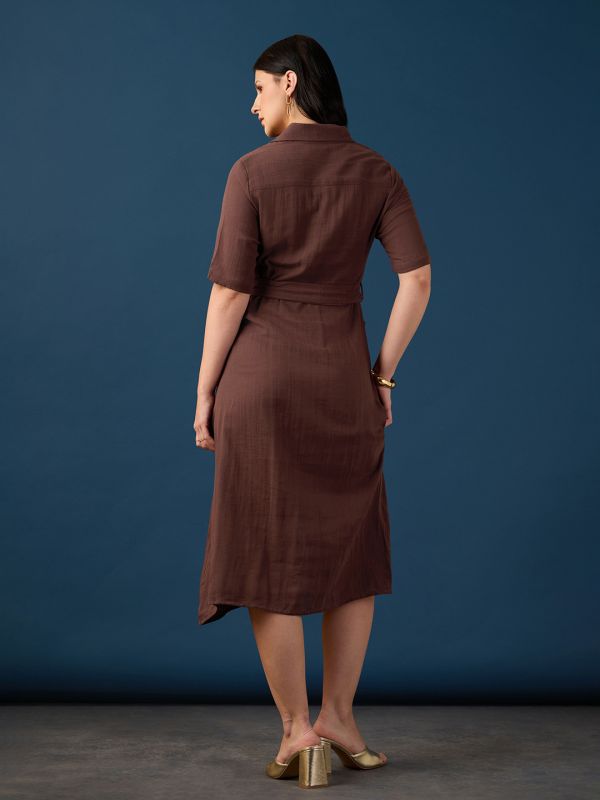 Globus Women Brown Collared Neck Short Sleeves Shirt Style A-Line Midi Workwear Dress With Belt
