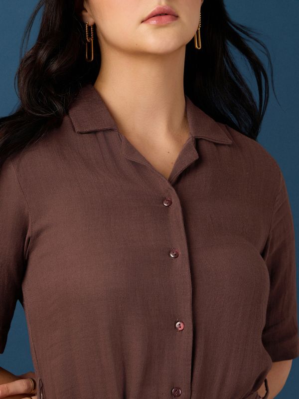 Globus Women Brown Collared Neck Short Sleeves Shirt Style A-Line Midi Workwear Dress With Belt
