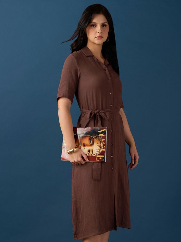 Globus Women Brown Collared Neck Short Sleeves Shirt Style A-Line Midi Workwear Dress With Belt