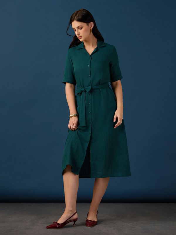 Globus Women Green Collared Neck Short Sleeves Shirt Style A-Line Midi Workwear Dress With Belt