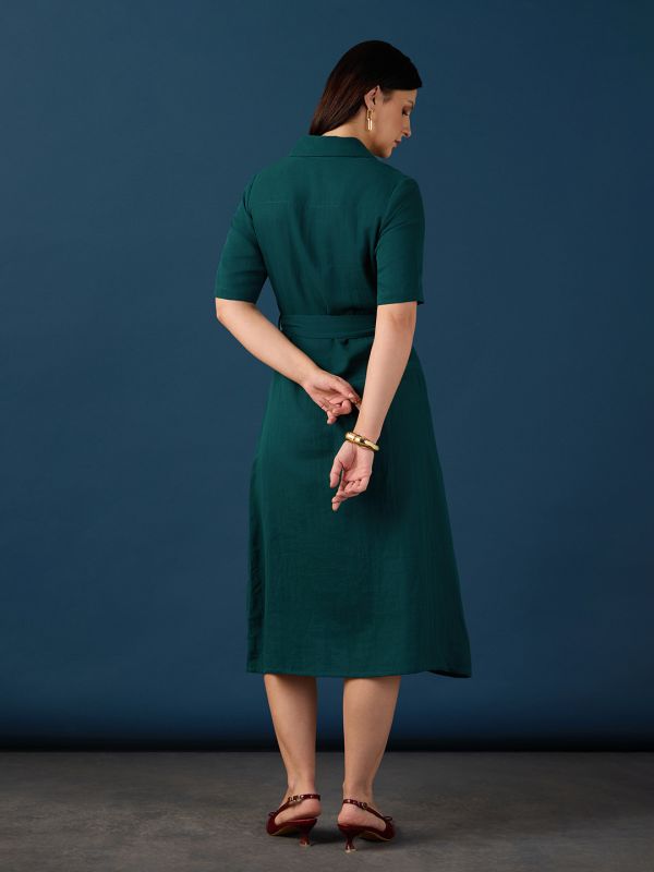 Globus Women Green Collared Neck Short Sleeves Shirt Style A-Line Midi Workwear Dress With Belt