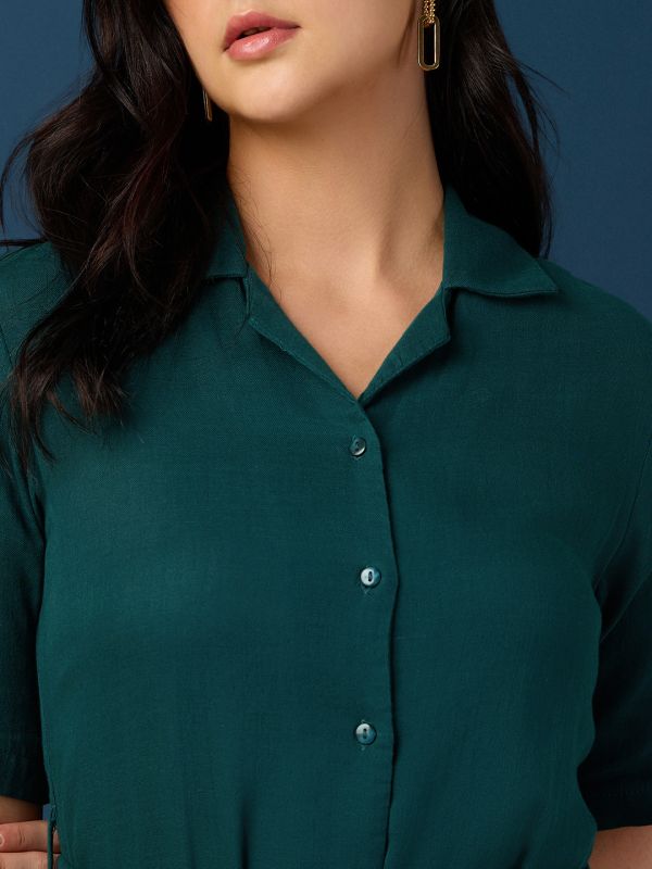 Globus Women Green Collared Neck Short Sleeves Shirt Style A-Line Midi Workwear Dress With Belt