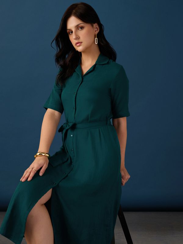 Globus Women Green Collared Neck Short Sleeves Shirt Style A-Line Midi Workwear Dress With Belt