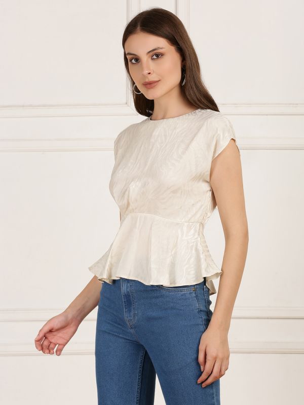 Globus Women White Round Neck Extended Sleeves Self Design Animal Print Party Wear Peplum Top