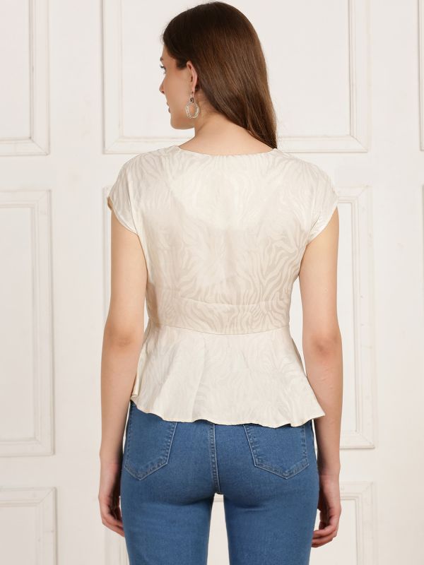 Globus Women White Round Neck Extended Sleeves Self Design Animal Print Party Wear Peplum Top