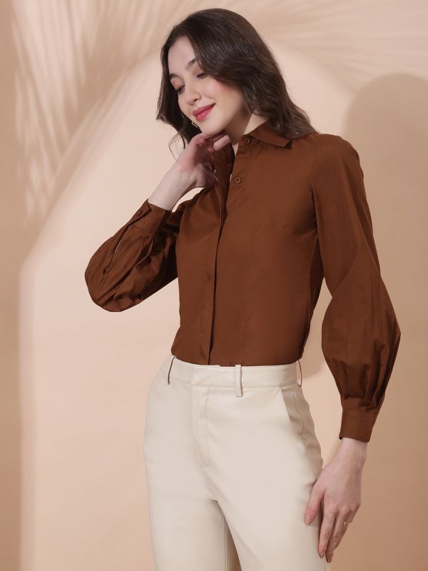 Globus Women Brown Spread Collar Bishop Cuffed Sleeves Concealed Button Placket Curved Hem Slim Fit Workwear Shirt