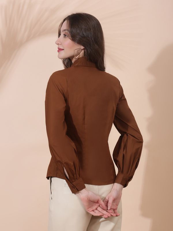 Globus Women Brown Spread Collar Bishop Cuffed Sleeves Concealed Button Placket Curved Hem Slim Fit Workwear Shirt