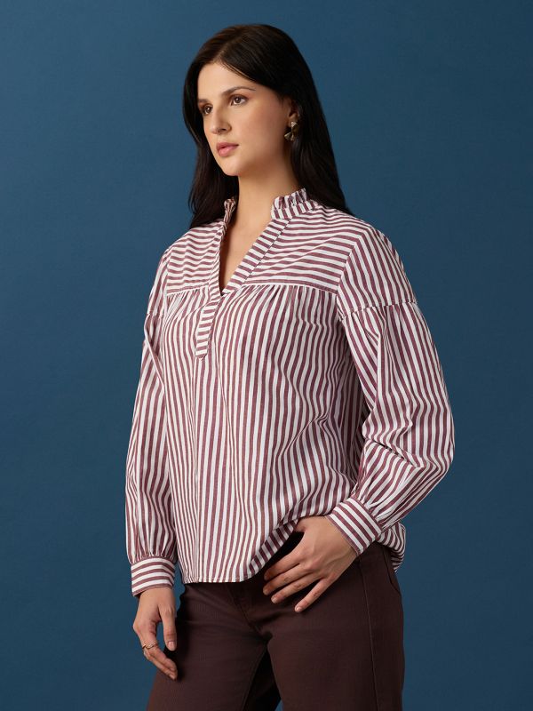 Globus Women Brown Frill Detail V-Neck Puff Sleeves Striped Loose Fit Workwear Top