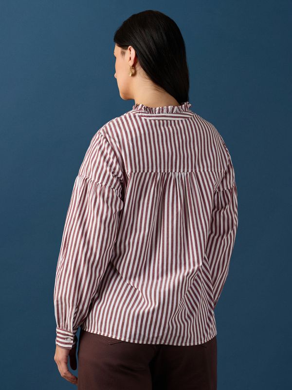 Globus Women Brown Frill Detail V-Neck Puff Sleeves Striped Loose Fit Workwear Top