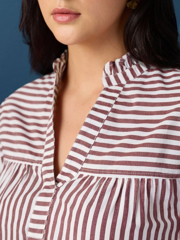Globus Women Brown Frill Detail V-Neck Puff Sleeves Striped Loose Fit Workwear Top