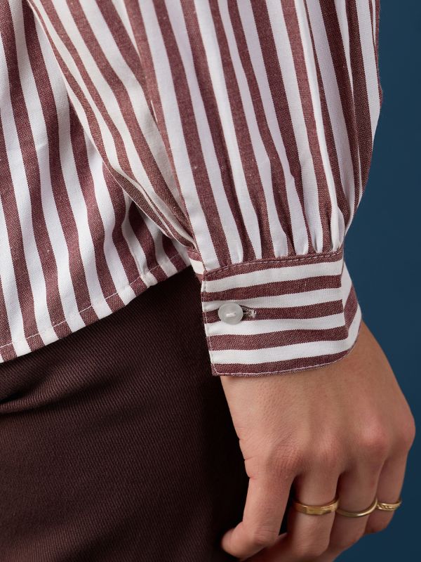 Globus Women Brown Frill Detail V-Neck Puff Sleeves Striped Loose Fit Workwear Top