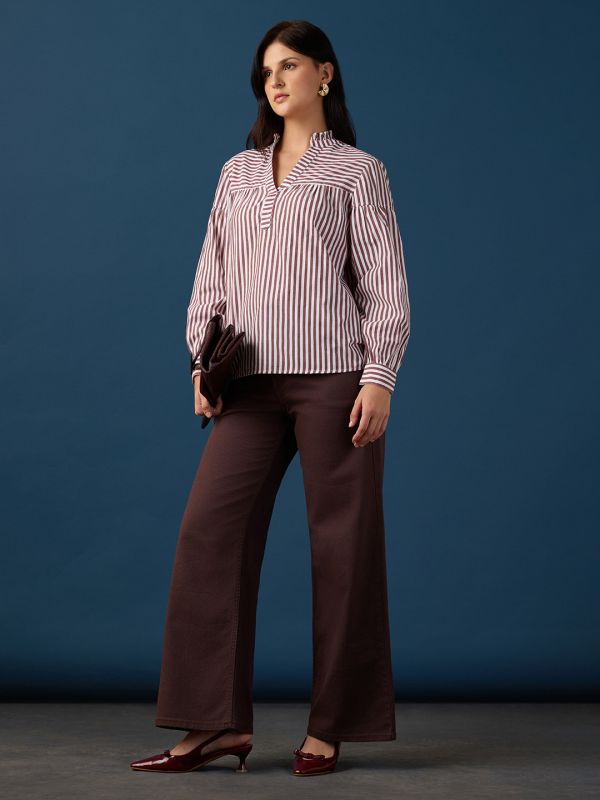 Globus Women Brown Frill Detail V-Neck Puff Sleeves Striped Loose Fit Workwear Top