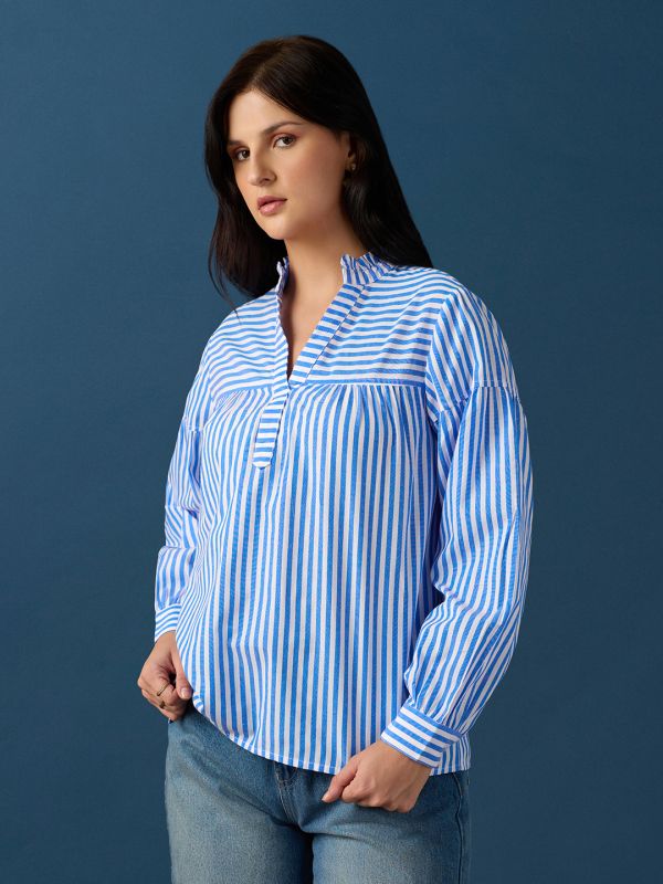 Globus Women Blue Frill Detail V-Neck Puff Sleeves Striped Loose Fit Workwear Top
