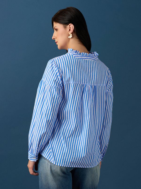 Globus Women Blue Frill Detail V-Neck Puff Sleeves Striped Loose Fit Workwear Top