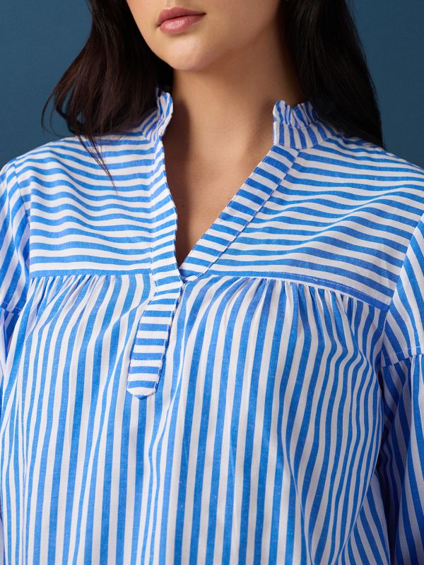 Globus Women Blue Frill Detail V-Neck Puff Sleeves Striped Loose Fit Workwear Top