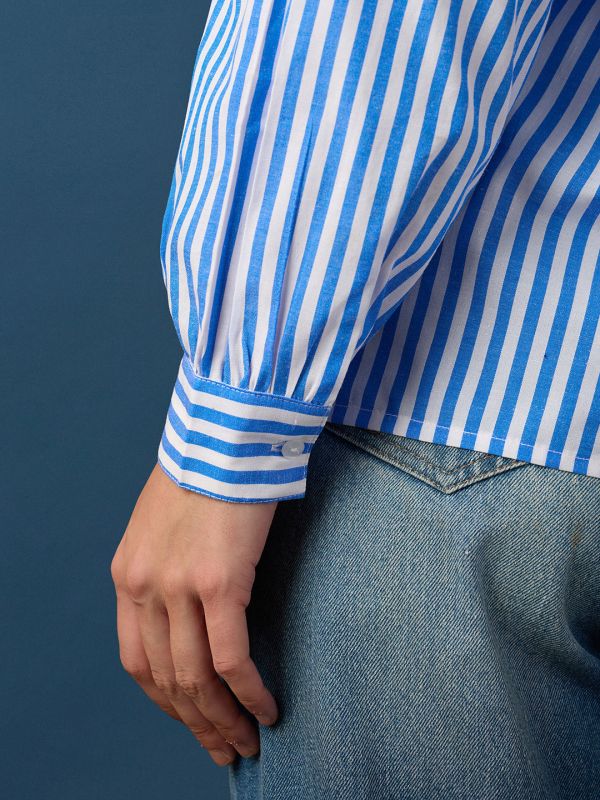 Globus Women Blue Frill Detail V-Neck Puff Sleeves Striped Loose Fit Workwear Top