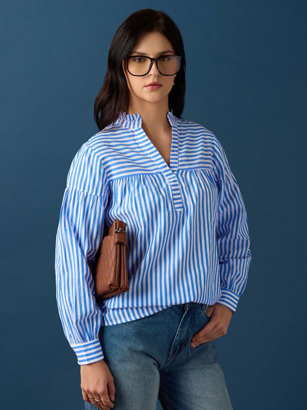 Globus Women Blue Frill Detail V-Neck Puff Sleeves Striped Loose Fit Workwear Top