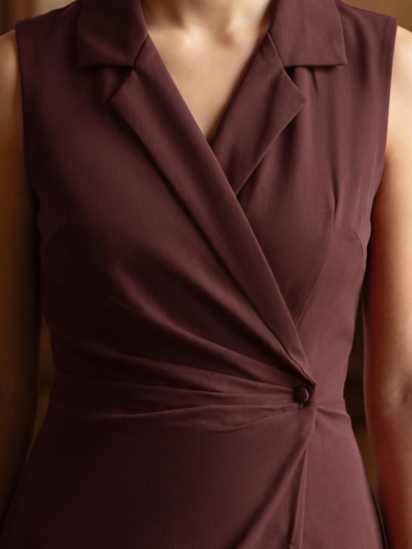 Globus Women Brown Notched Lapel Wrap Pleated Detail Midi Workwear Blazer Dress