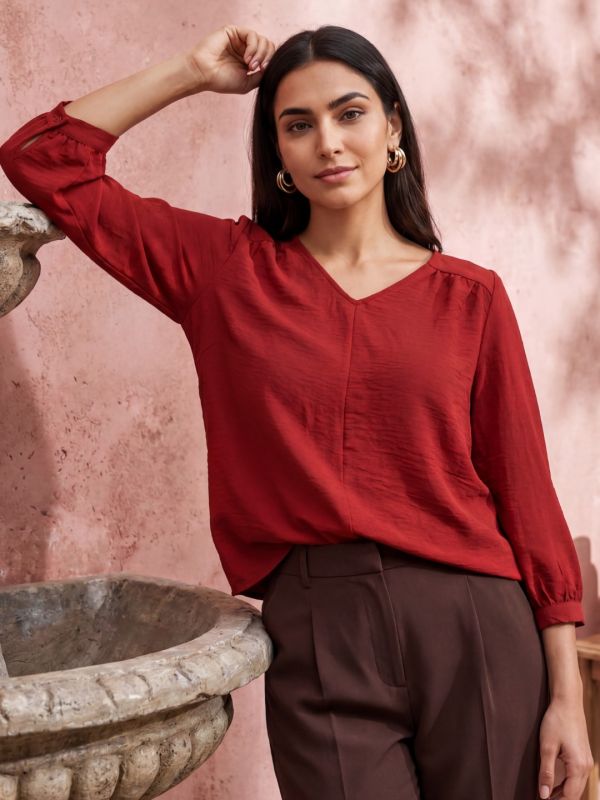 Globus Women Maroon V-Neck Puff Sleeves Gathered Detail Top 