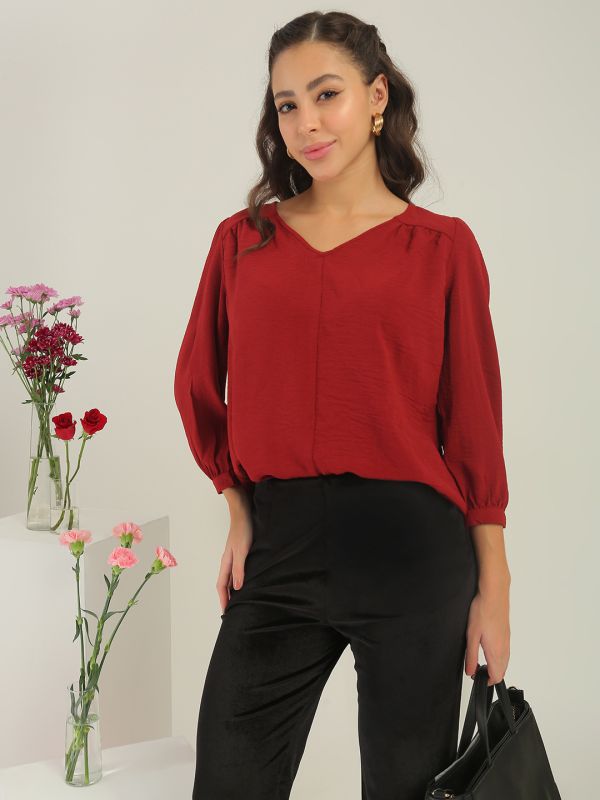 Globus Women Maroon V-Neck Puff Sleeves Gathered Detail Top 