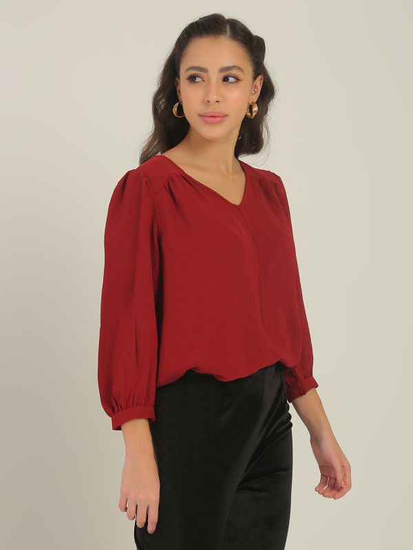 Globus Women Maroon V-Neck Puff Sleeves Gathered Detail Top 