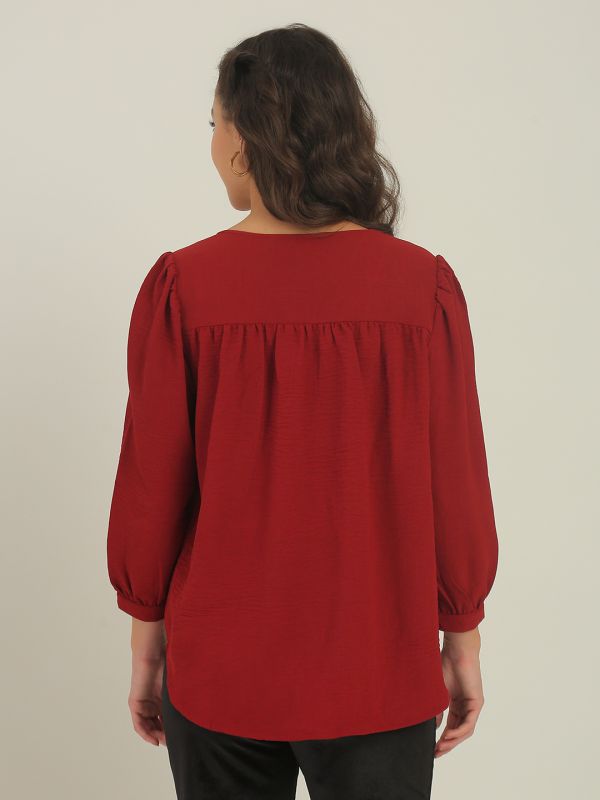 Globus Women Maroon V-Neck Puff Sleeves Gathered Detail Top 