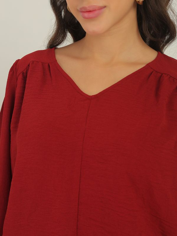 Globus Women Maroon V-Neck Puff Sleeves Gathered Detail Top 