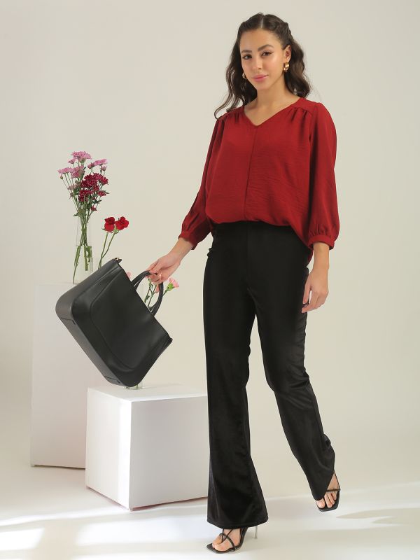 Globus Women Maroon V-Neck Puff Sleeves Gathered Detail Top 
