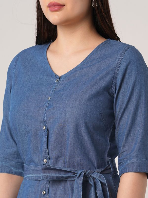 Globus Women Med Blue V-Neck Button Down Knee Length A-Line Denim Dress With Belt