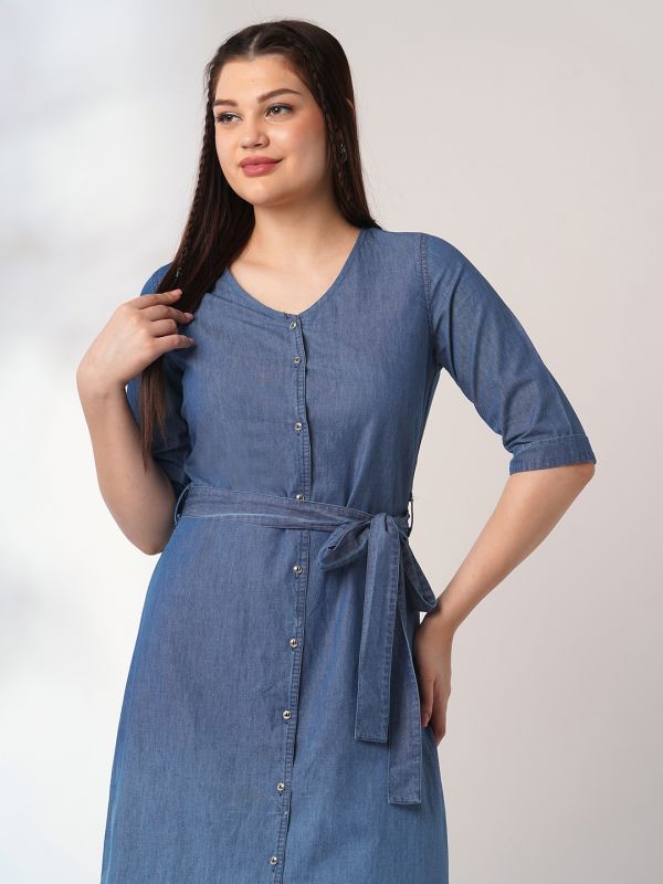 Globus Women Med Blue V-Neck Button Down Knee Length A-Line Denim Dress With Belt