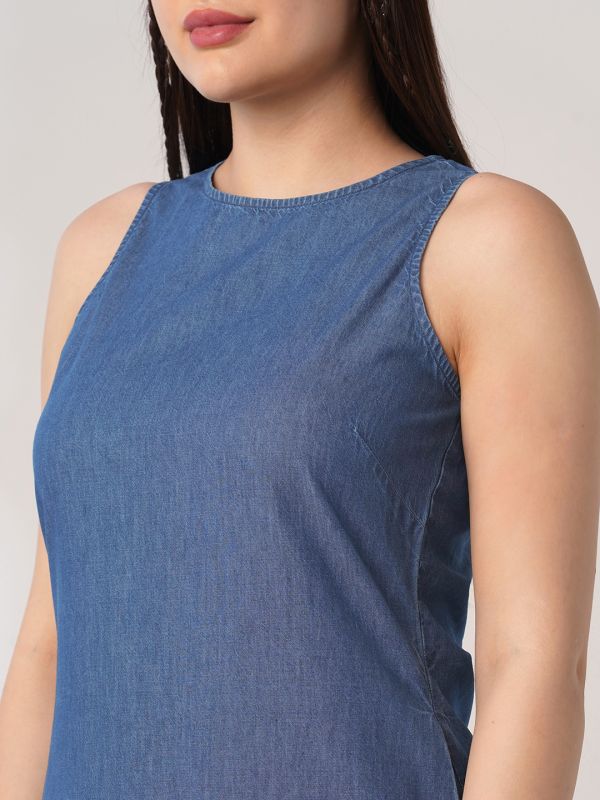 Globus Women Med Blue Round Neck Sleeveless Knee Length A-Line Denim Dress