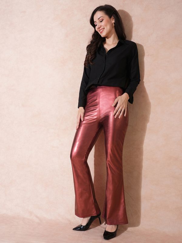 Globus Women Rust Stretchable Mid-Rise Sheen Flared Party Treggings