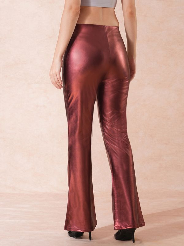 Globus Women Rust Stretchable Mid-Rise Sheen Flared Party Treggings