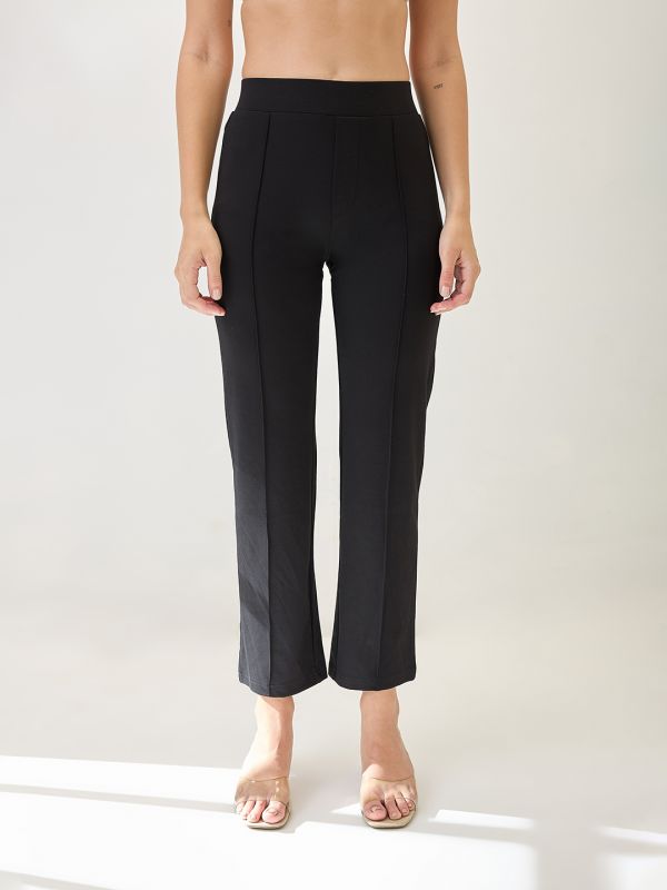 Globus Women Black Solid Mid-Rise Flat Front Korean Pants