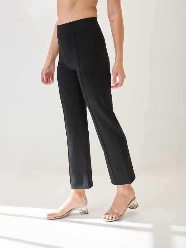 Globus Women Black Solid Mid-Rise Flat Front Korean Pants