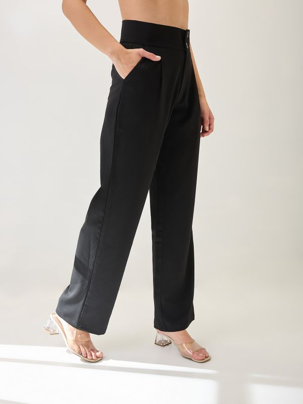 Globus Women Black Mid-Rise Pleated Formal Korean Pants